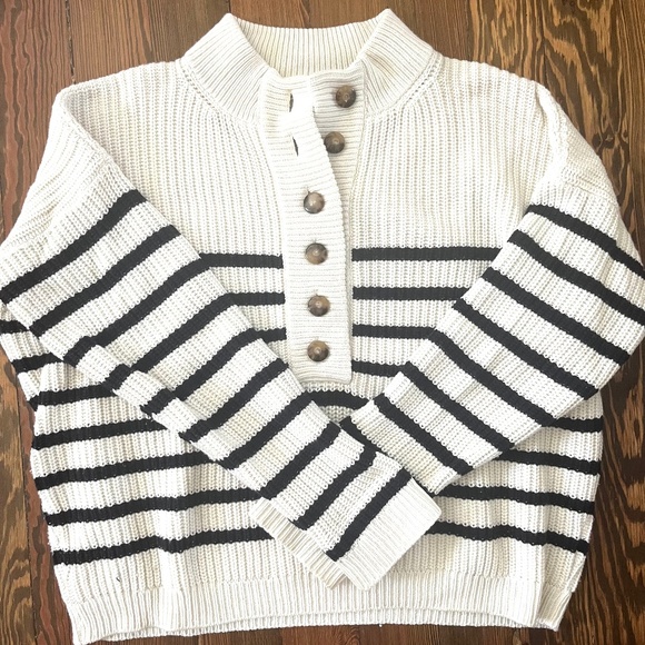 Sezane Cream Striped Button-Up Knit Sweater with Navy Bands - Picture 3 of 6